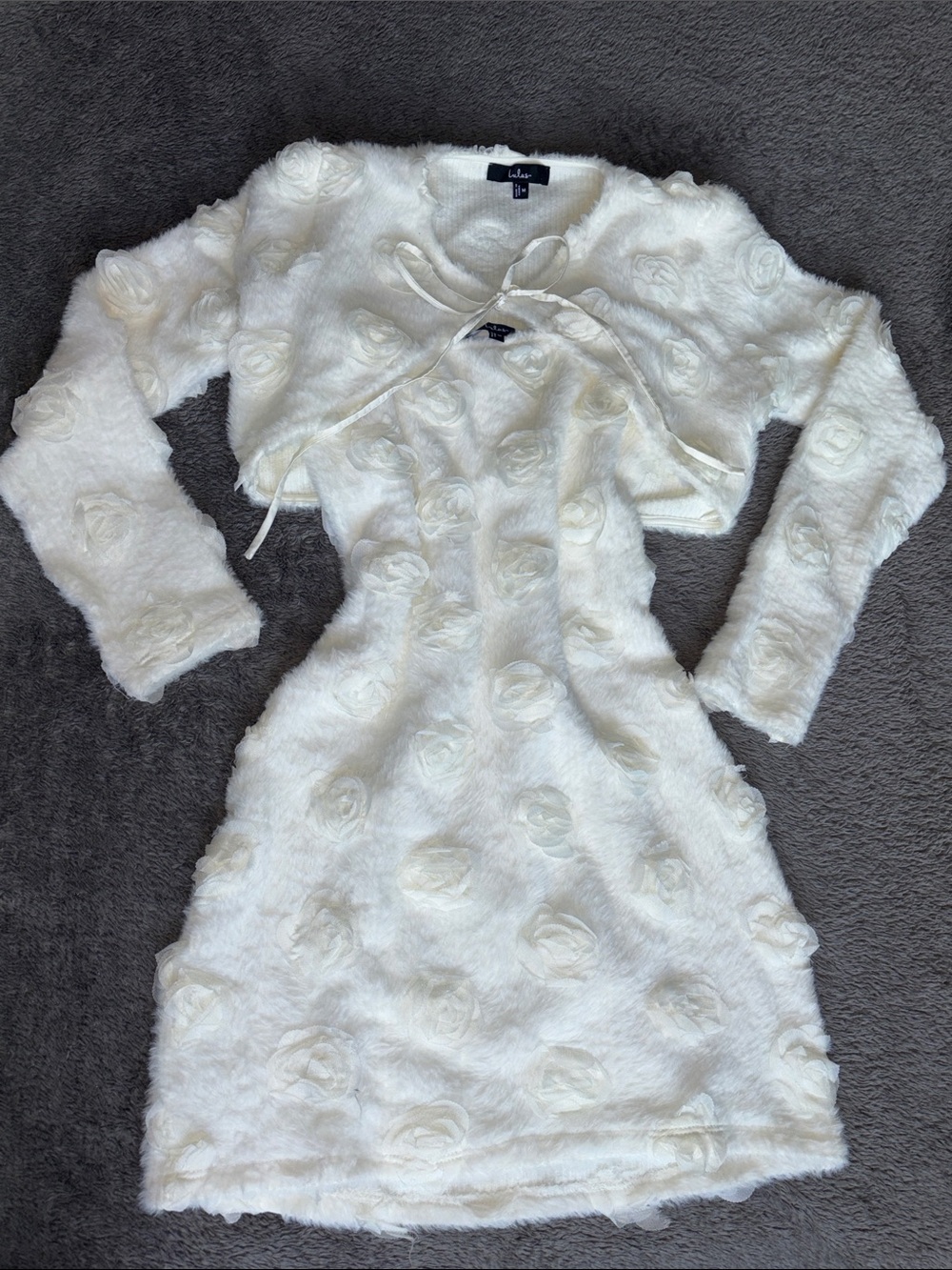 LULUS Dream Charisma Ivory Eyelash Knit Rosette Shrug Mini Dress Set